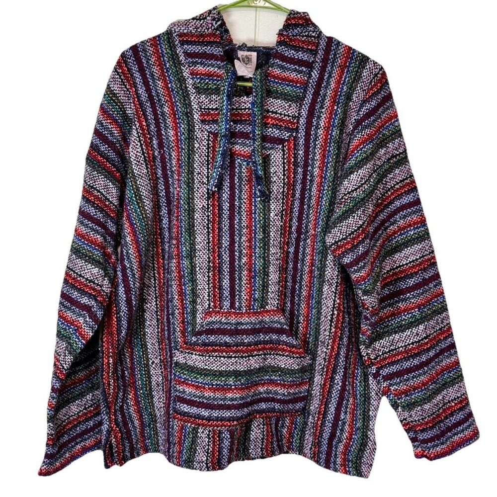 Mens Baja Hoodie Drug Rug Striped Pullover Kangaroo Pocket Hippie Festival Sz XL